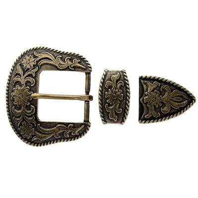 China Custom Floral Engraved Nickel Border Western Cowboy Belt Buckle Metal Western Belt Buckle Roped Western Belt Buckle Set in 3 Piece 3/4