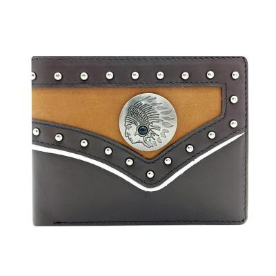 China Brown Men's Leather Bags Rivet Clip Decoration Silver-Tone Rodeo Short Concho Bifold Western Wallets for sale