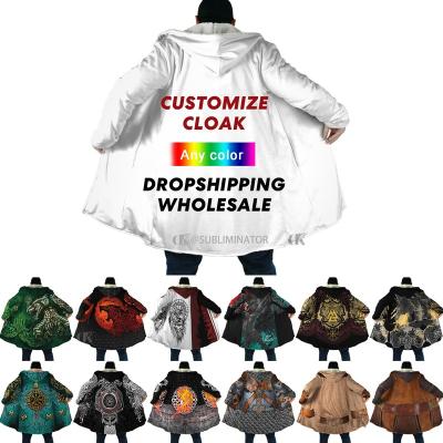 China OEM Wholesale Reversible Logo Christmas Mens Cloak Custom Made 3D Over Printed Unisex Casual Thick Warm Coat Halloween Hooded Fleece Cloak for sale