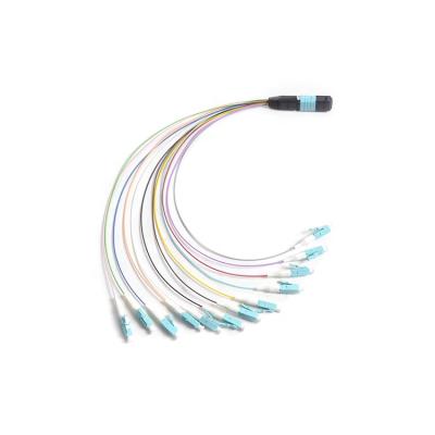 China High Quality High Quality 12F MPO To LC OM3 Aqua 0.3M Fanout Multimode Fiber Optic Patch Cord for sale