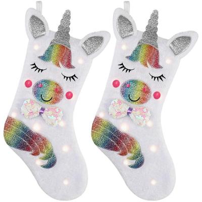 China Unicorn Christmas Stocking plush toy from RTS with LED light Unicorn Personalized Christmas Holiday Time Unicorn Animated Stocking for sale