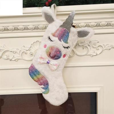 China Cute Unicorn Stocking Christmas Hanging Stocking Bags Plush Unicorn Glitter Giant Christmas Stocking For Christmas Candy for sale