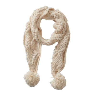 China Long Women Girls Cream Chunky Cable Knit Scarf With Balls Winter Pom Pom Acrylic Knitted Scarf for sale