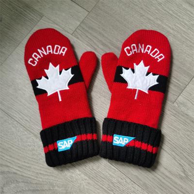 China 100% Canada Simply Acrylic Red Maple Leaf Knitted Mittens With Custom Embroidery Logo for sale