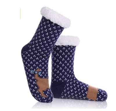 China Cartoon Dog Anti-skid Winter Shear Liner Knit Christmas Knee Highs Stocking Slipper Socks Fuzzy Fleece Lined Non Skid Slipper Sock for sale