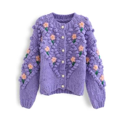 China Women Girls Breathable Custom Hot Stitch Style Ins Diamond Pom Floral Pom Pom Hand Knit Cardigan for sale