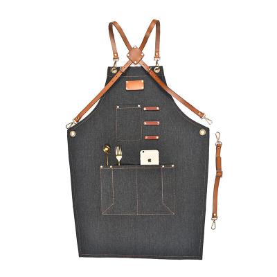 China SANITARY Denim work apron Food service industry Bakery leather cross canvas apron for sale