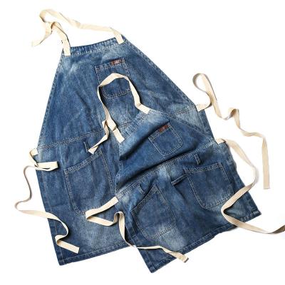 China Oil Painting Washed denim apron set print coffee cake shop baking kitchen gauze card apron for sale