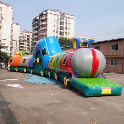 China PVC 20m Long Giant Backyard Inflatable Train Tunnel With Slide And Obstacle Course Inside For Entertainment for sale