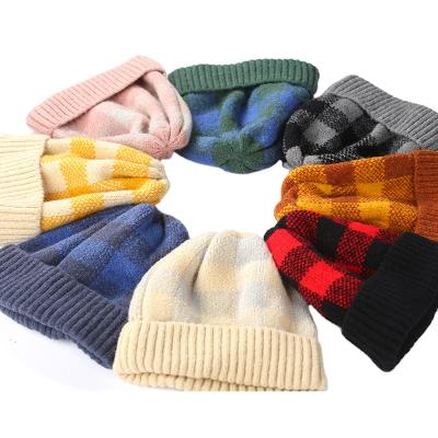 China COMMON Girl Fashion Decoration Hat Classic Female Plaid Check Beanie Hat Warm Winter Hat Capsule Knitted Hat for sale