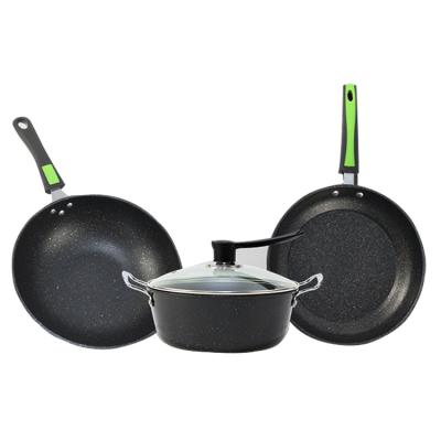 China Hot-selling Multilayer Maifan Medical Stone Die Casting Kitchen Cookware Set Frying Pan Set Nonstick Pot Set Three-Piece for sale