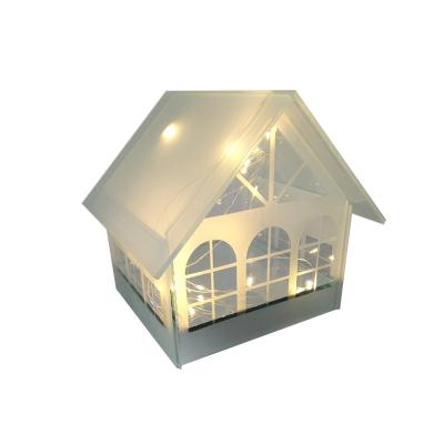 China Customized Design White House Glass Led Light Glass House With Led Light Christmas Decoration Glass Lantern for sale