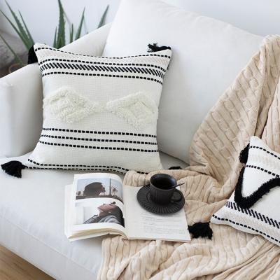 China PORTABLE Nordic Style Moroccan Cushion Cover Black White Cotton Jacquard Woven Pattern Tassel Kilim Pillow Cover Handmade Tufted Case for sale