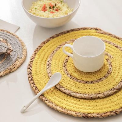 China Handwoven Gold Straw Woven Round Natural Cotton Dining Table Mat Coaster Wholesale Boho Wedding Placemats Eco-Friendly Custom Made Sustainable for sale