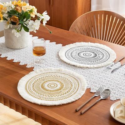 China High Quality Viable Printed Farmhouse Boho Party Fringe Adult Dining Table Mat Sets Table Bohemian Natural Round Cotton Woven Place Mats for sale