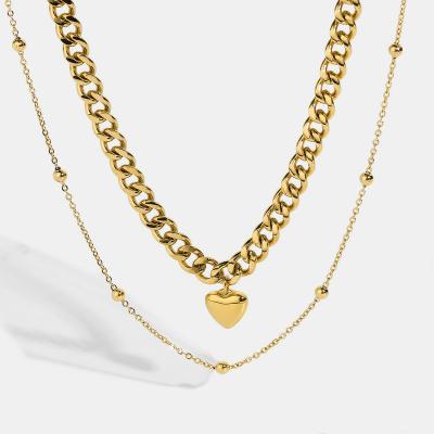 China TRENDY Double-Layer 14K Gold Plated Stainless Steel Thin Round Pearl Necklace Cuban Chain Necklace for sale