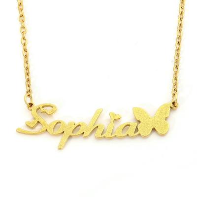 China TRENDY Gold Plated Stainless Steel Butterfly Name Necklace Personalized Place Gold Script Initial Nameplate Necklace for sale