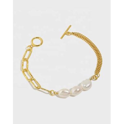 China FASHIONABLE 18K Gold Plated Sterling Silver Double Layer Chain OT Freshwater Buckle Bracelet 925 Freshwater Pearl OT Pearl Bracelet for sale