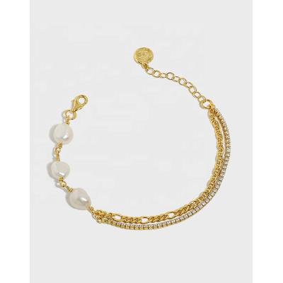 China New FASHIONABLE 18K Gold Plated Freshwater Beads 925 Link Chain Bracelet Sterling Silver Double Chain Zircon Bead Bracelet For Women for sale