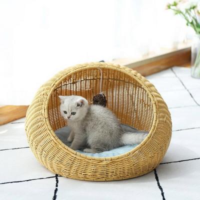 China Wholesale Half-encolosed Travel Around Rattan Cat Beds Nest Pet Chunky Woven Cat Basket Bed for sale