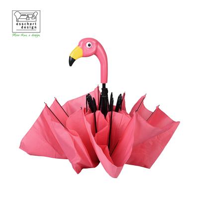 China Factory Price Minimalist Stylish Pink Compact Folding Umbrella with Mini Flamingo Shaped Handle for sale