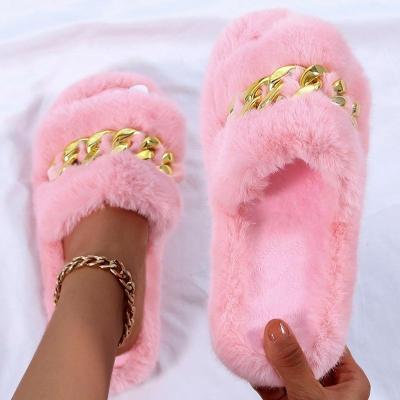 China Metal Direct Chain Fashion Factory Winter Fur Designer Slippers Luxury Plush Plush Bedroom Slipper For Women for sale