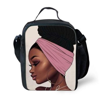 China 1 PCS Dropshipping Reusable African Girls Art Pattern Waterproof Black Lunch Bag For Girls China Custom Insulated Cooler Lunch Bag for sale