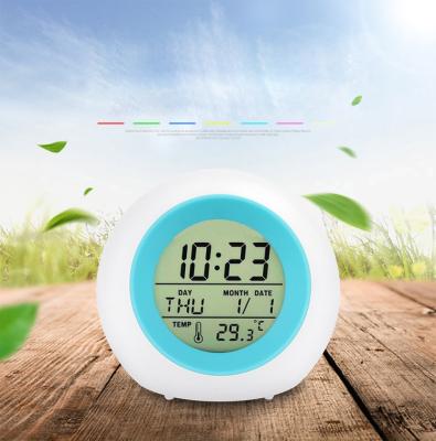 China Classes Electronic Bedroom Round Cute Colorful Changing LED Calendar Table Alarm Clock for sale