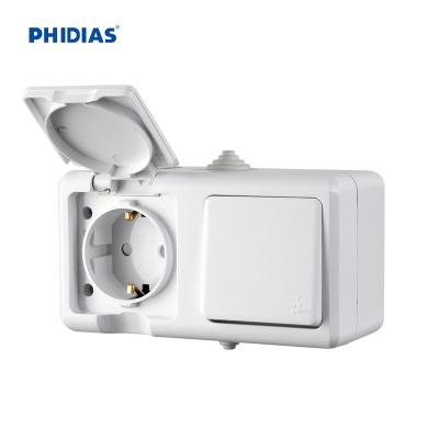 China Safety Eu Standard Wall IP54 1 Strip Wall Switch And Socket 16A 250V German Waterproof White Color Socket Home Use 86*130*53mm for sale