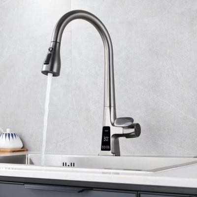 China Metered Faucets Throw Gray Digital Thermoclick Kitchen Faucet Sink Mixer With Pullout Deck Mounted LED Display for sale