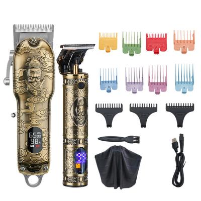 China Household USB Cordless Stainless Electric Hair Clippers LCD Display Metal Body Trimmers Full Engraved Styles Barber Professional Hair Cutter Set for sale