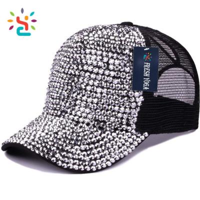 China Wholesale COMMON Rhinestone White Trucker Hats Women Ponytail Baseball Cap Glitter Headwear for sale