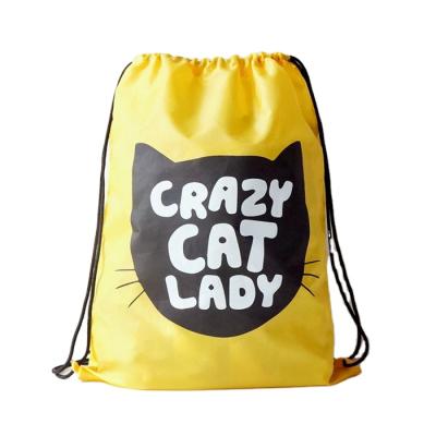 China Waterproof Gym Bag With Compartments Draw Rope Bags Small Nylon Drawstring Bags Clean Print Cat Crazy Lady for sale