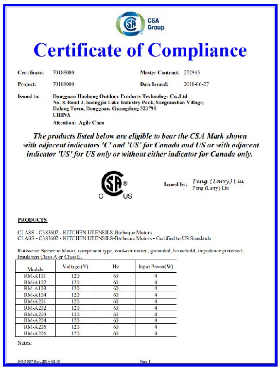 CSA - Dongguan Haohong Outdoor Products Technology Co., Ltd.