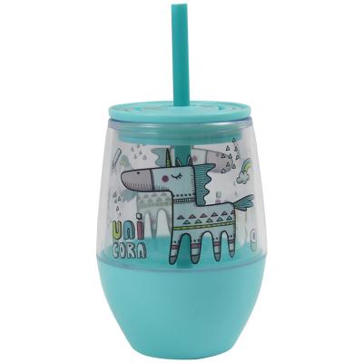 China Customized Kids Logo Plastic Reusable Cup Double Wall Cups Tumbler Drink Mug With Plastic Lid And Straw for sale