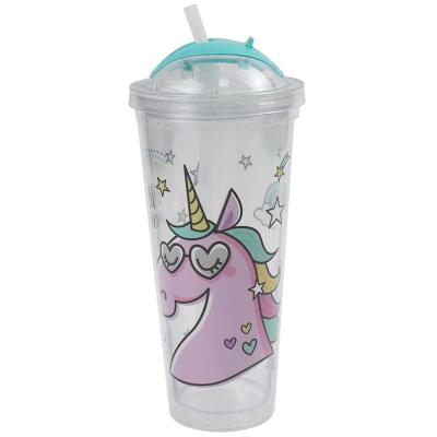 China Traditional Cute Kid Girl Cartoon Plastic Cups With Lids And Tumbler Clear Fantasy Unicorn Kids Drink Cup Wall Mount Straws Water Bottle Double for sale