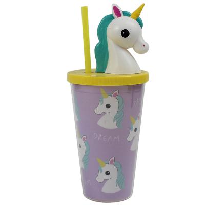 China Children's Unicorn Water Bottle Drinking Plastic Cup Custom Cartoon Mug With Straw Tumbler for sale