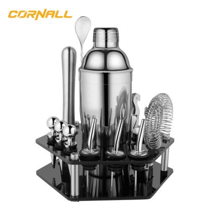 China Sustainable barware set 17 pcs bartender kit private label 304 stainless steel profesional cocktail shaker set with accessories for sale