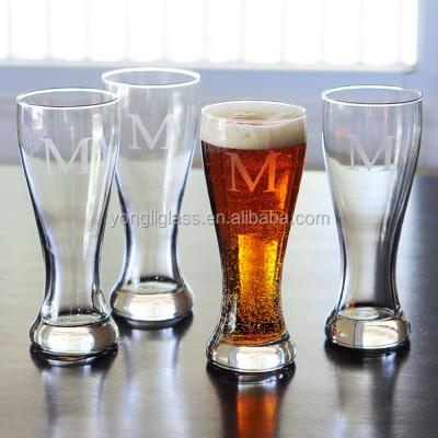 China Wholesale high quality bar/home/party/cafe pilsner piece glass, hand blown glass beer mugs, beer pint glass with laser LOGO printing for Beerfest for sale