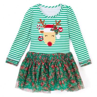 China Viable Christmas Style Deer Pattern Spring Fall Kids Wear Green Ruffle Girl Dress for sale