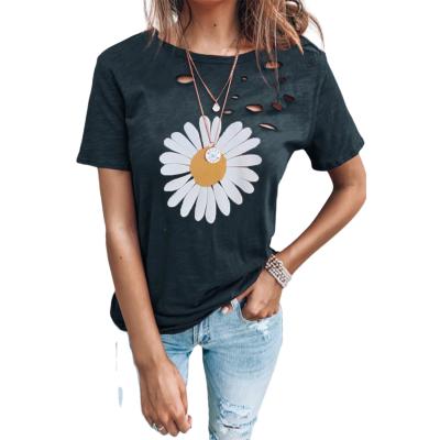 China Breathable OEM ODM Pattern Print Distressed Streetwear Tees Womens Daisy Graphic T-Shirts for sale