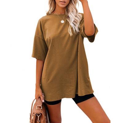 China New Breathable Style Distressed Crew Neck Plain Tee Custom Made Women Oversize T-Shirt For Girls for sale