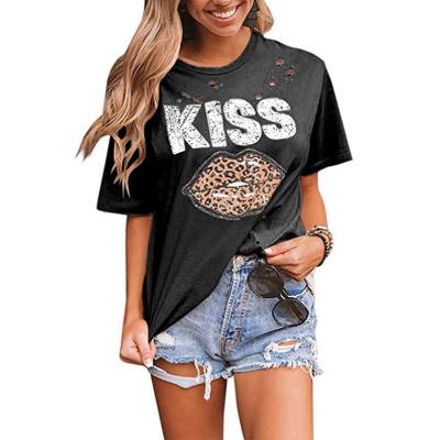 China OEM Breathable KISS Leopard Lip Custom Personalize Ladies Distressed T Shirt For Women for sale