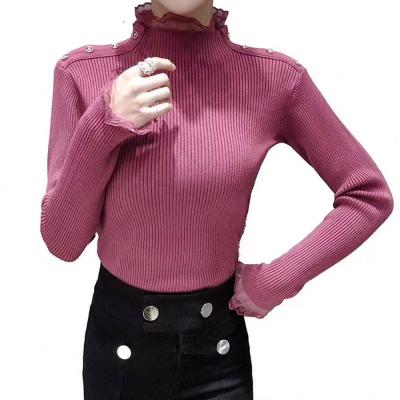 China Anti-wrinkle latest design turtle neck half knitted pullover with lace shoulder with button ribbing pullover knitted women's sweaters for sale