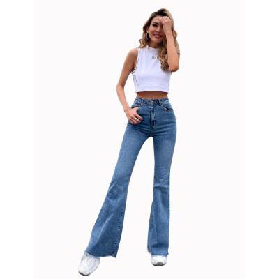 China Factory new QUICK DRY women's jeans slim waist fit high stretch wide leg stitching washed casual denim flared pants for sale