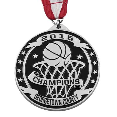 China Europe 3D Sport Zinc Alloy Nickel Plated Medal Ribbon Red White Blue Basketball Medals for sale