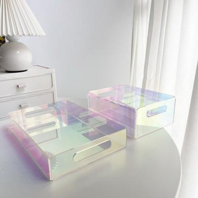 China Luxury Acrylic Iridescent Storage Tray Box/Transparent Organizer Large Colorful Rainbow Stationery Makeup Cosmetics Skin Care for sale