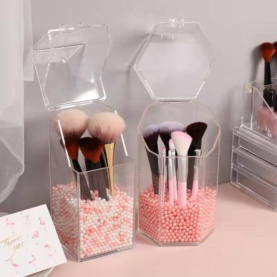 China Luxury Makeup Brush Holders Holder with Lid, Makeup Brush Organizer with 8mm White Beads Make Up Organizer for Bathroom Dresser for sale