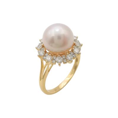 China FASHIONABLE Luxury High Quality Natural Freshwater Pearl With Diamond Jewelry Real Gold Rings Set Ring For Women for sale