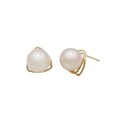 China Factory Price 14K Yellow Gold Freshwater Pearl Stud Earrings Real Gold TRENDY Earrings Round Pearl Earrings for sale